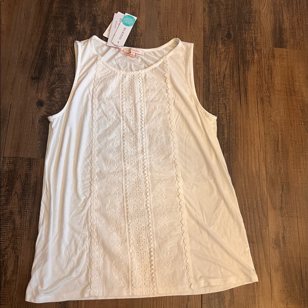Skies are blue airika  Woven Lace Front Knit Top